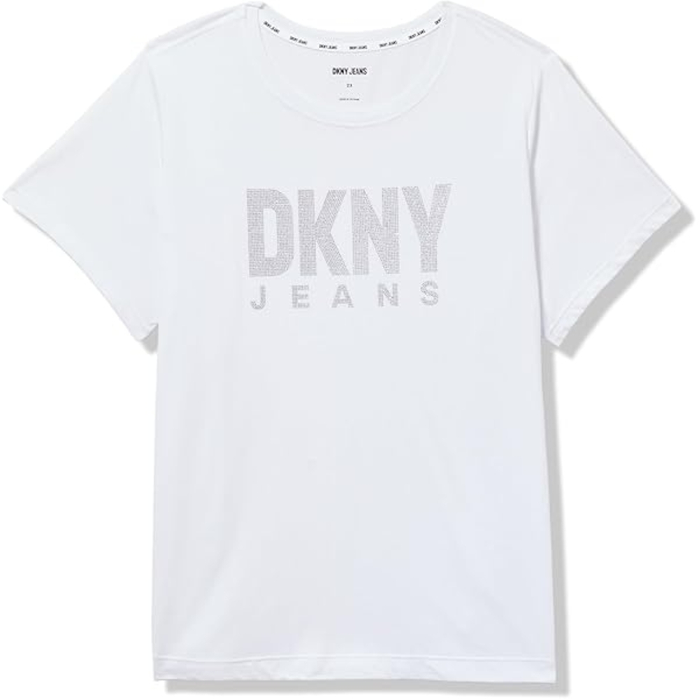 DKNY Women's White Tee With Silver Logo Crewneck Tee Size Large